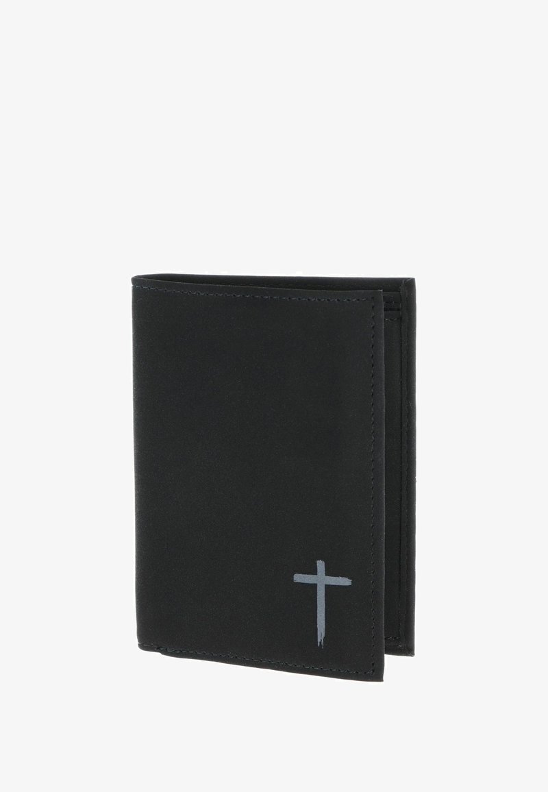 Black bifold wallet made of smooth leather, featuring a gray cross detail on the front and clean stitching along the edges.