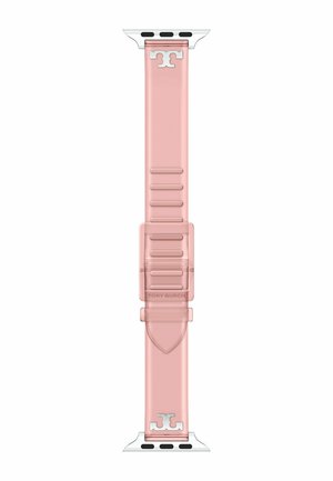 Pinkes Silikon-Uhrenarmband mit silberner Schnalle und Verbindern, mit Tory Burch-Logo an beiden Enden.