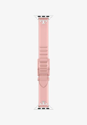 Roze siliconen horlogeband met zilveren gesp en connectoren, met het Tory Burch-logo aan beide uiteinden.
