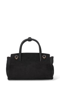 Zwarte suède handtas met een gestructureerde vorm, voorzien van twee zwarte handvatten en goudkleurige hardware accenten aan de zijkanten.