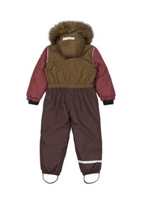 Gyerek kezeslábas barna, bordó és sötétbarna anyagból. Szőrmével bélelt kapucnival, rugalmas mandzsettával és fényvisszaverő részletekkel rendelkezik.