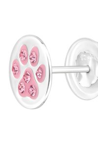 Boucle d'oreille en argent avec un design circulaire mettant en avant une empreinte de patte rose surélevée et cinq gemmes roses incrustées dans les coussinets de la patte.