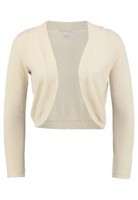 Zkrácený kardigan ve světlé béžové barvě s jemným leskem, s otevřeným předním designem, dlouhými rukávy a měkkou pleteninou.