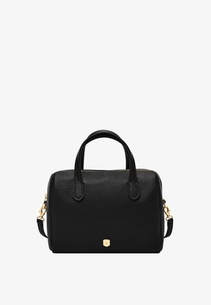 Black leather handbag with a textured finish, two top handles, a detachable shoulder strap, gold hardware, and a zippered closure.