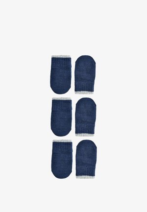 Tumši zila adīšanas cimdi ar gaiši pelēku ribotu aproci. Seši cimdi sakārtoti divās vertikālās kolonnās. Gluda tekstūra, noapaļoti gali.