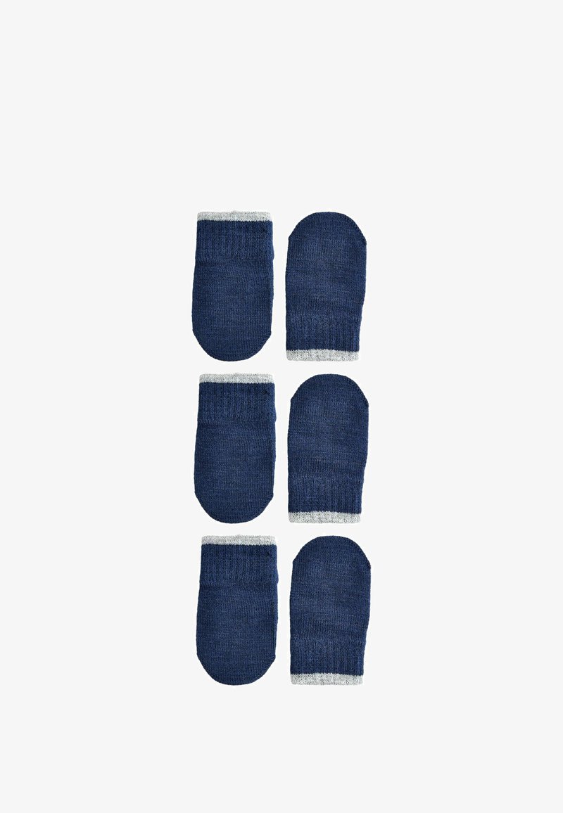 Moufles en tricot bleu marine avec un poignet en côte gris clair. Six moufles disposées en deux colonnes verticales. Texture lisse, bouts arrondis.