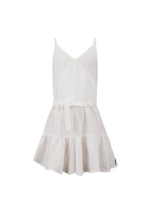 Witte jurk met spaghettibandjes, een V-hals en een empire taille, voorzien van een strikceintuur. Gestructureerde stof met een gelaagde rok.