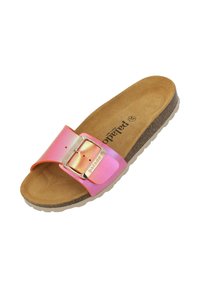 Roze en oranje schuifsandalen met een glanzende band, zilveren gesp en een kurken voetbed, gestructureerde zool en een gladde binnenvoering.
