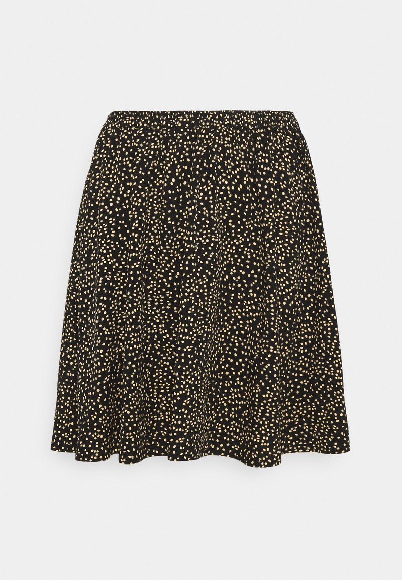 Jupe noire avec petit motif de points irréguliers beiges, taille élastique froncée et légère évasement à l'ourlet.