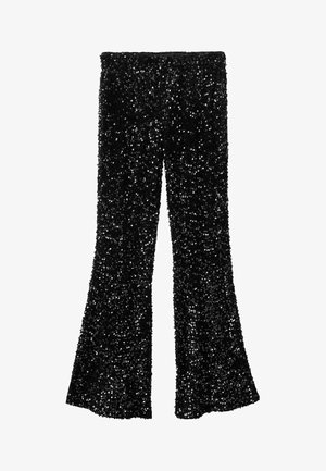 Črne sequins hlače s širokimi položi, ki se ponašajo z bleščečo teksturo in prilegajočim pasom, zasnovane za ustvarjanje drzne, odsevne površine.