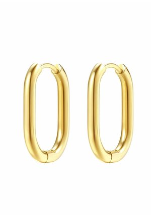 Een paar gepolijste ovale creolen in goudkleur met een gladde afwerking en scharnierende sluitingen, afgebeeld tegen een witte achtergrond.