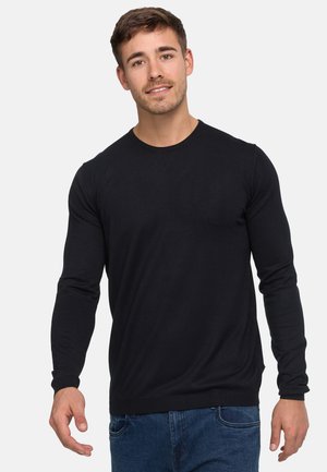 Black long-sleeve crew-neck sweater made of ribbed fabric, featuring a fitted design with a smooth texture and no visible patterns or accents.