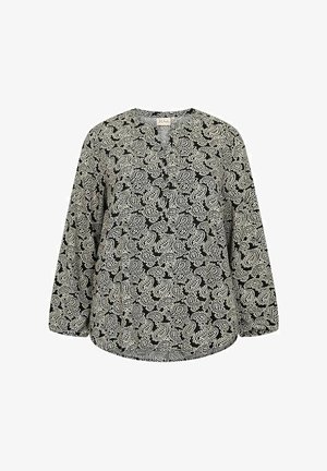 Blouse noire à manches longues avec un motif paisley blanc, décolleté en V et coupe ample, fabriquée dans un tissu léger au toucher doux.
