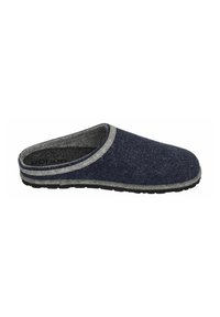 Pantofola da uomo in feltro blu navy, con rifiniture grigie e suola nera, mostrata di lato su uno sfondo bianco.