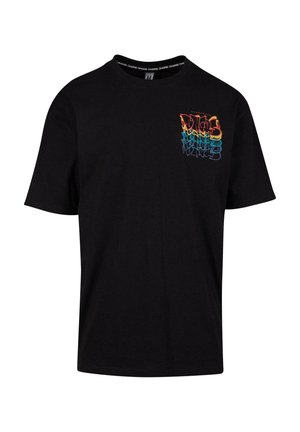 Black t-shirt made of cotton with short sleeves. Features a multicolored graphic design on the left chest area. Crew neck style.