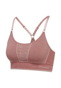 Brassière de sport rose sans couture avec motif géométrique à l'avant, bretelles fines réglables formant un Y dans le dos et large bande inférieure avec logo.