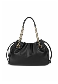 Borsa in pelle nera, design arricciato, doppie tracolle a catena, dettagli in hardware argentato, con chiusure a cordoncino sui lati.