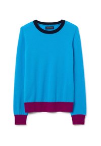 Maglione blu realizzato in materiale morbido, con maniche lunghe, scollatura tonda con un bordo nero e polsini e orlo in contrasto color marrone. 