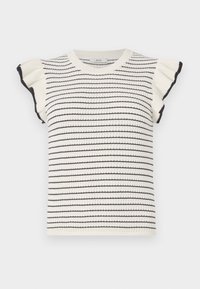 Stripete genser i krem med svarte striper, med korte volanger på ermene og ribbet rund hals. Myk tekstur og tettsittende design.