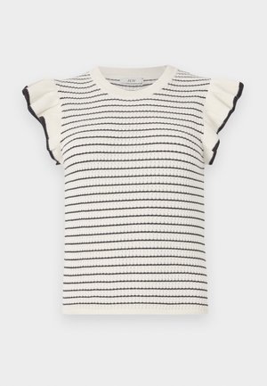 Kreemjast mustade triipudega triibuline kampsun, millel on lühikesed volangvarrukad ja ribikraanikaelus. Pehme tekstuur ja lähedane disain.