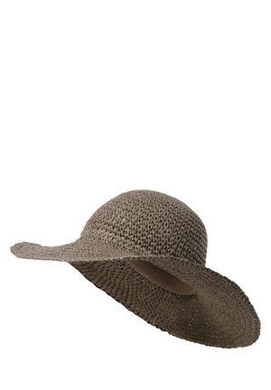 Bruine geweven strohoed met een brede rand en een ronde kroon. Heeft een stevige band rond de basis van de kroon. Gestructureerd oppervlak.