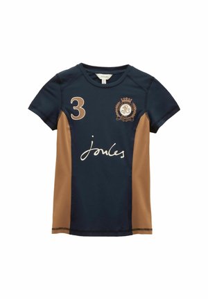 Navy and tan short-sleeve polo shirt with number 3 on chest, joules logo, and embroidered crest on upper front.