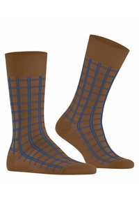 Braune Socken mit einem Karomuster und blauen Linien. Gerippte Bündchen und glatte Textur. Geeignet für den Freizeit- oder formellen Gebrauch.