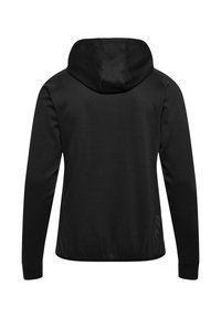 Schwarze langärmelige Kapuzenjacke, von hinten gezeigt, mit einfachem Design und dezenten reflektierenden Diamantlogos nahe der unteren rechten Seite.