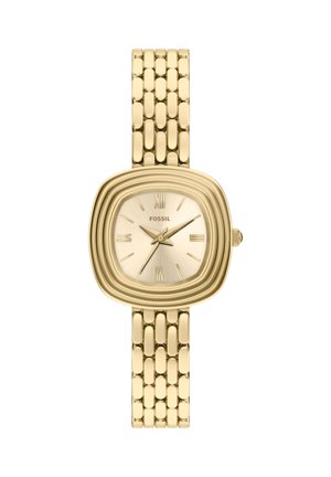 Goldfarbene Fossil-Armbanduhr mit quadratischer geriffelter Lünette, römischen Ziffern und verbundenem Metallarmband.