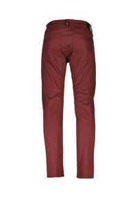 Bordeaux-kleurige katoenen pantalon met een ontwerp van vijf zakken, een rechte pijpenvorm, subtiele stiksels en een leren label op de tailleband aan de achterkant.