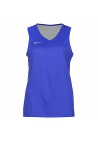 Canotta sportiva blu con scollatura a V, senza maniche, in tessuto a rete per traspirabilità e logo Nike bianco sul petto.