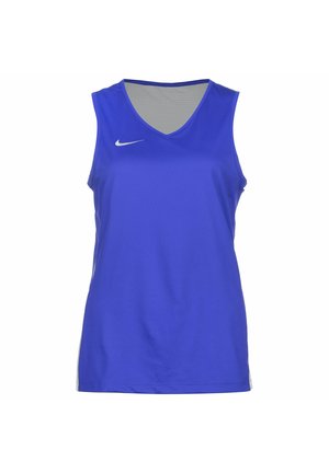 Débardeur de sport bleu avec un col en V, sans manches, en tissu en maille pour la respirabilité, et un logo Nike blanc sur la poitrine.