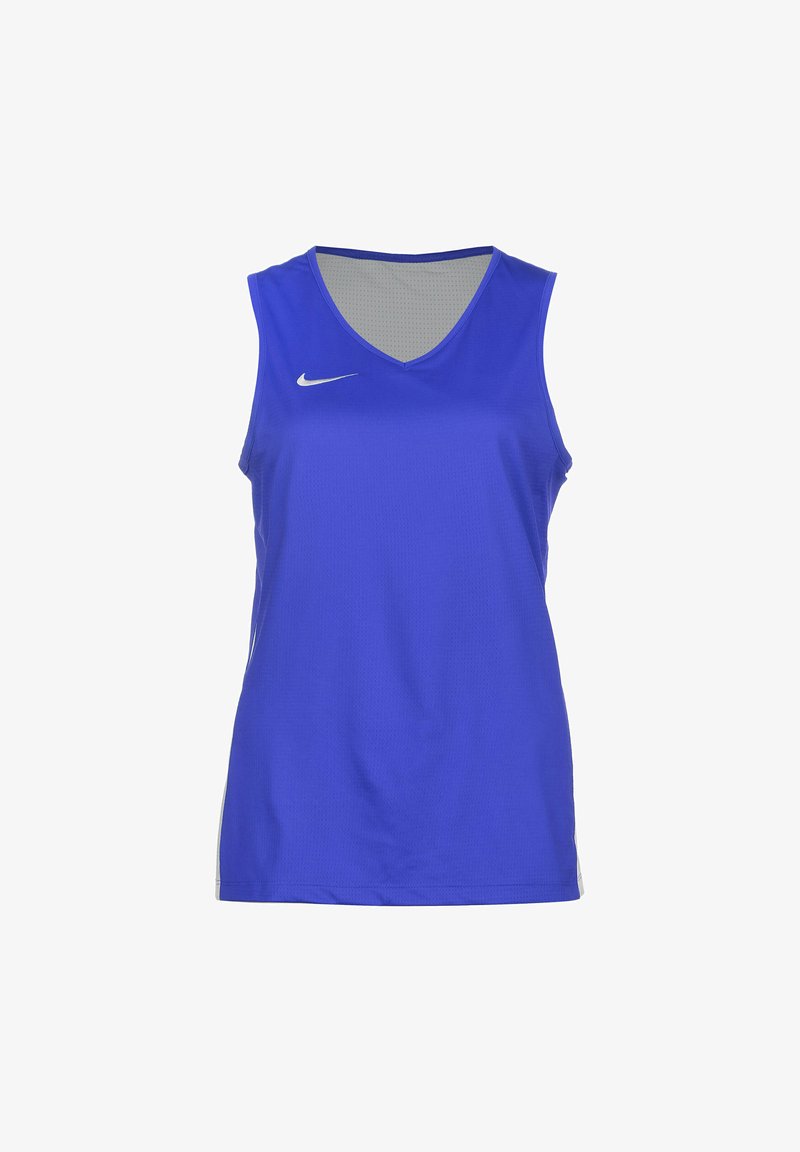 Débardeur de sport bleu avec un col en V, sans manches, en tissu en maille pour la respirabilité, et un logo Nike blanc sur la poitrine.