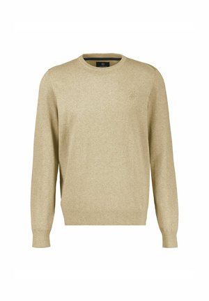 Beige langærmet trøje med rund hals, ribstrikkede manchetter og kant, minimalistisk design og lille broderet logo på venstre bryst.