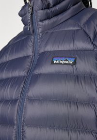 Mėlyna pūkinė striukė su vertikaliais įdėklais, zip uždarymu ir aukštu apykakle. Dešinėje pusėje yra Patagonia logotipo pleistras. Plonas, blizgus paviršius.