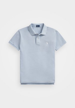 Light blue short-sleeve polo shirt with two buttons and a small white embroidered logo on the left chest.