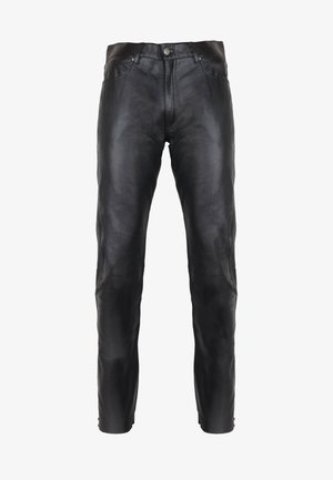 Zwarte leren broeken met een gladde textuur, recht gesneden ontwerp en traditionele vijf-pocket styling met een voorste knoopsluiting.