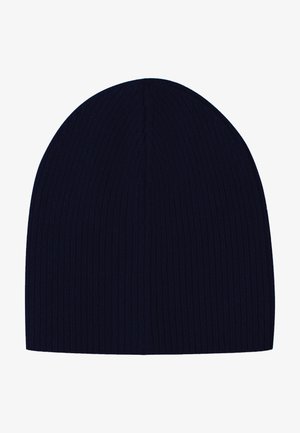 Geribde marineblauwe beanie muts met een zachte textuur, ontworpen voor een snug fit. Kenmerkt een naadloze bovenkant en rekbaar materiaal voor comfort.