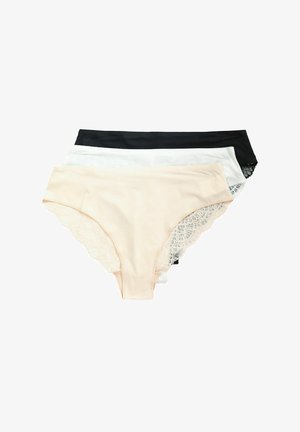 Ensemble de trois culottes pour femmes en beige, blanc et noir. Présentent des accents en dentelle sur les bords, fabriquées dans un tissu lisse avec une texture douce.