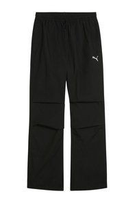 Black athletic pants with a relaxed fit, elastic waistband, drawstring, side pockets, and a small silver logo on the left leg.