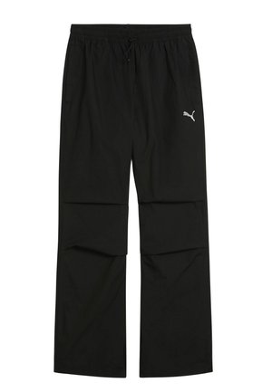 Pantalons de sport noirs avec une coupe décontractée, taille élastique, cordon de serrage, poches latérales et un petit logo argenté sur la jambe gauche.
