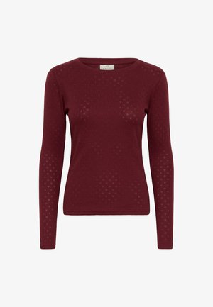Pull en maille bordeaux à manches longues avec un motif texturé arborant de petits losanges, col rond et silhouette ajustée.