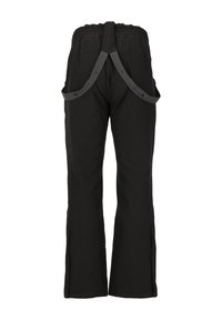 Zwarte geïsoleerde broek met een brede tailleband, verstelbare banden en zijritsen voor ventilatie. Gladde textuur, casual ontwerp.