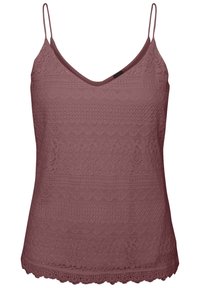 Camisola di pizzo borgogna con spalline sottili, caratterizzata da una scollatura a V e orlo a scallop. Motivo testurizzato con disegni floreali e geometrici.