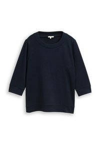 Marineblauer, strukturiertes Sweatshirt mit Rundhalsausschnitt und Dreiviertelärmeln. Der Saum ist gerade mit einem leichten Abfall hinten.