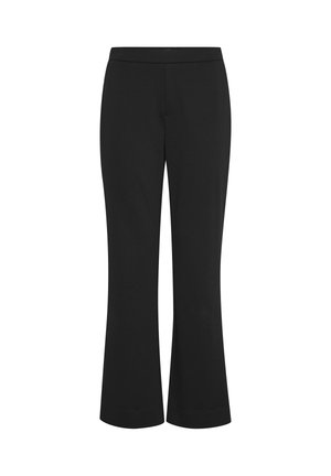 Mustad sirge lõikega püksid keskmise kõrgusega vöökohaga, ilma nähtavate taskute või kaunistusteta, valgel taustal.