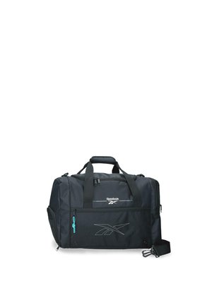 Bolsa de deporte negra Reebok con múltiples compartimentos con cremallera, asas de transporte y una correa de hombro desmontable, mostrada sobre fondo blanco.