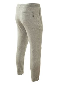 Grå sweatpants med en tapered pasform, lavet af blødt bomuldsstof. Har to lynlåslommer bagpå og ribbede manchetter for en tætsiddende pasform.