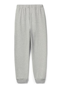 Šedé tepláky z měkké látky s elastickým pasem a úzkými manžetami u kotníků pro pohodlné nošení.