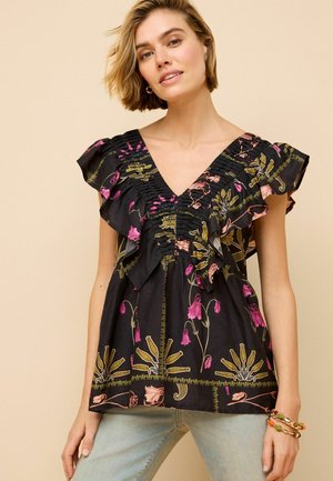 Next RUFFLE V-NECK REGULAR FIT - Blusa - black floral